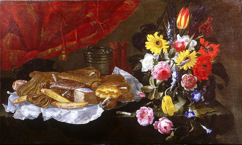 A Still Life of Roses, Carnations, Tulips and other Flowers in a glass Vase, with Pastries and Sweetmeats on a pewter Platter and earthenware Pots, on, Giuseppe Recco